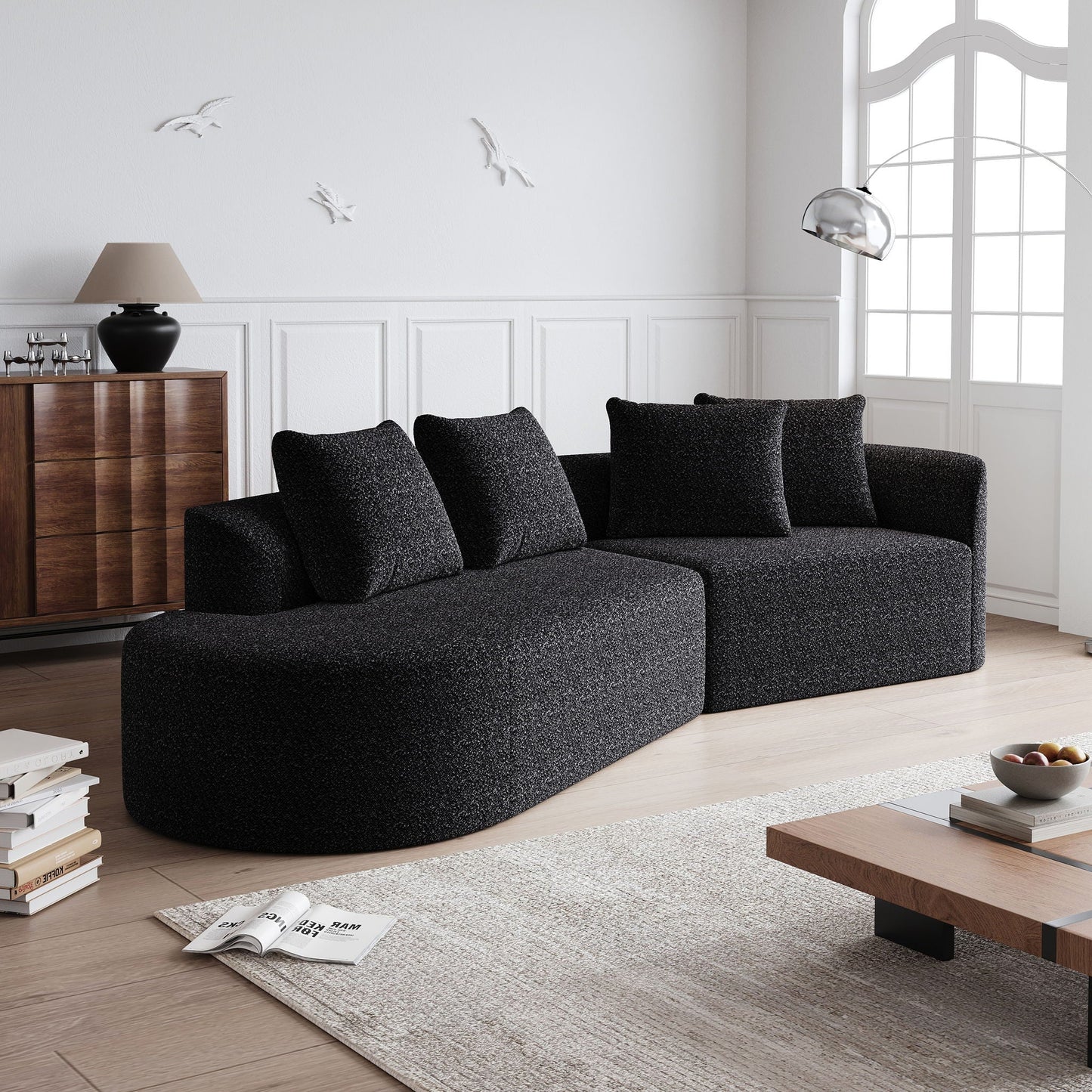 Upholstered Oversized Sectional Sofa, 4 Seater Extra Deep & Wide Seat Curved Cloud Couch With 4 Throw Pillows, Free Combination Living Room - Black