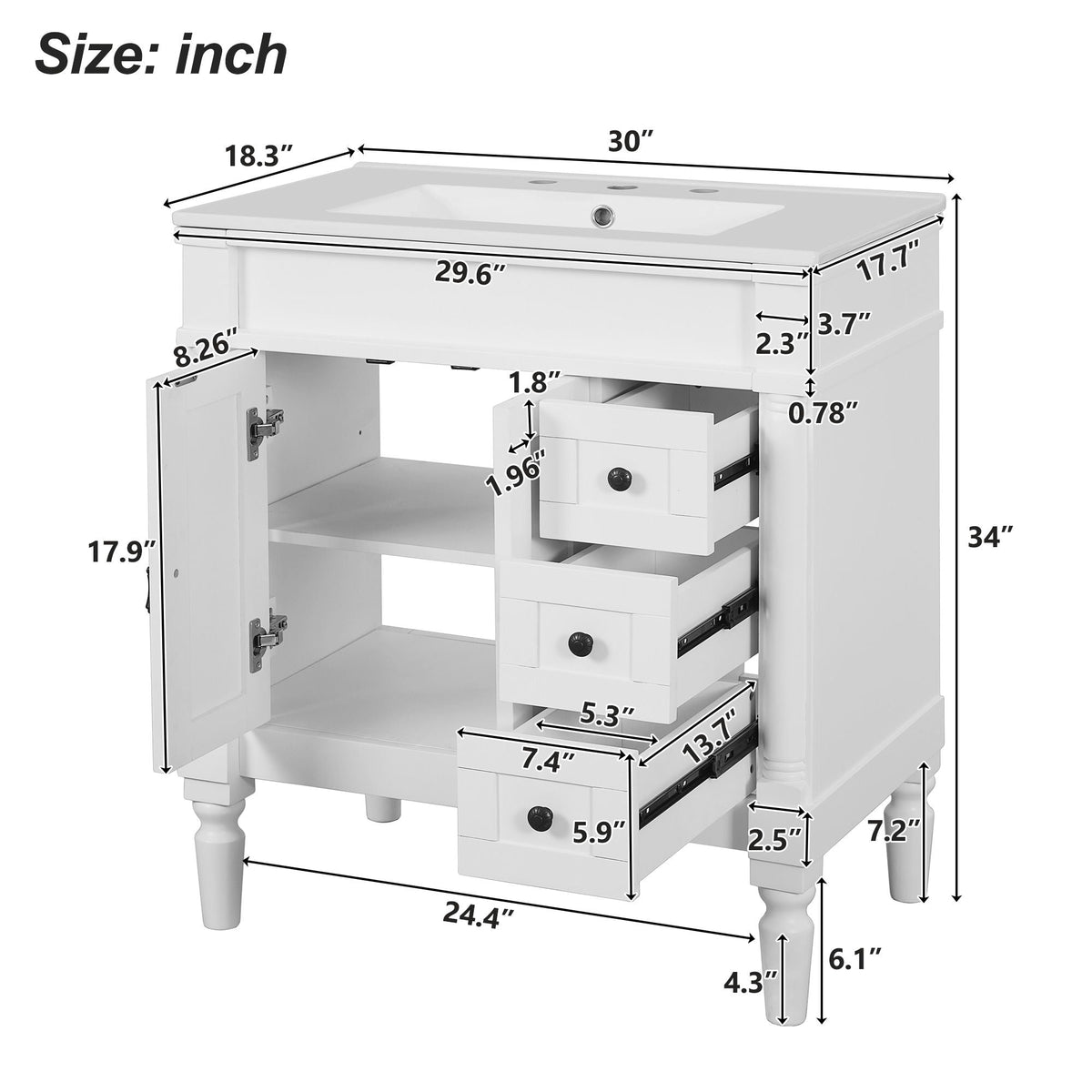Bathroom Vanity With Ceramic Sink, 2 Doors 3 Drawers, Soft Close Design