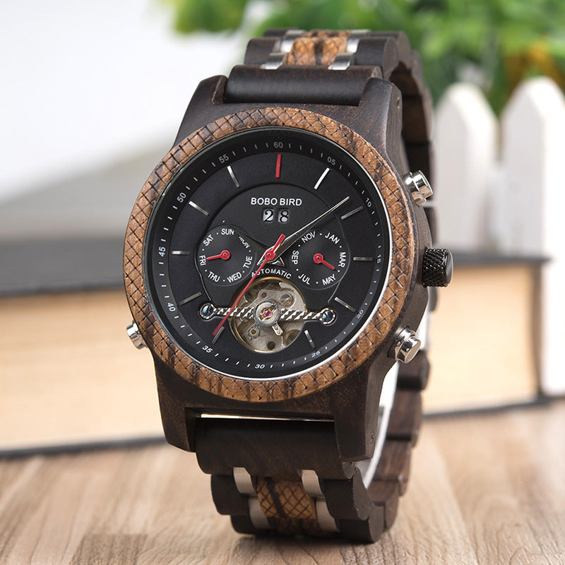 Business Flywheel Mechanical Multi-function Wooden Watch