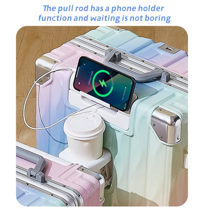Aluminum Frame Hard Shell Luggage, Colorful And Fashionable, No Zipper Aluminum Frame, TSA Lock, With Cup Holder USB Interface, Aluminum Frame Travel Box, Durable Password Box
