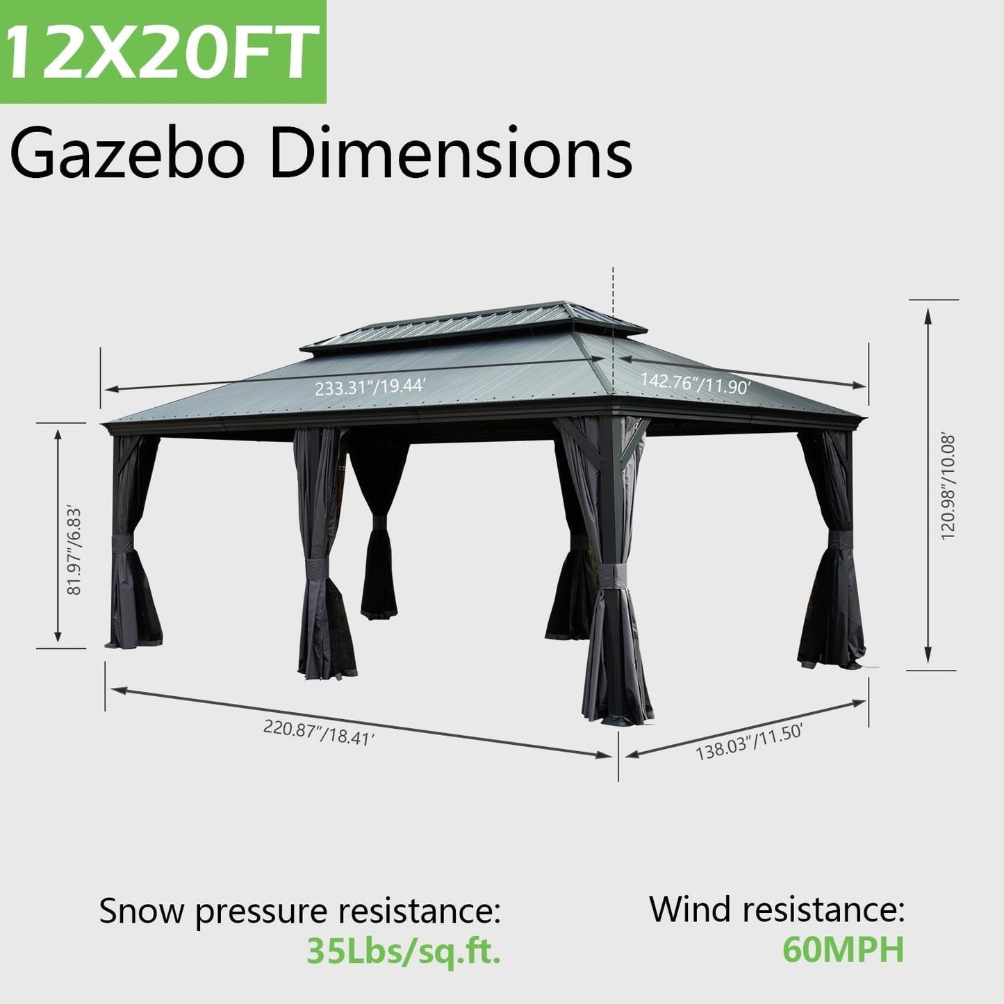12'x20' Hardtop Gazebo with Resin Roof, Curtains, and Mosquito Netting