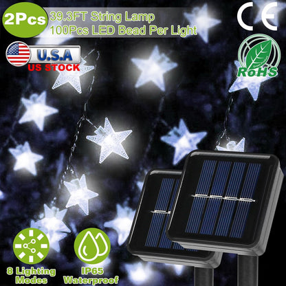 2Pcs Solar Powered String Lights 39.3FT 100LED Beads Fairy Star Lights IP65 Waterproof Decorative Garden Party Christmas Tree Stake Lamps w/ 8 Lightin