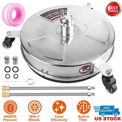 15in High Pressure Washer Flat Surface Cleaner 4000PSI Stainless Steel Disc Power Washer Broom with 3 Wheels 2 Washer Extension Wands 2 Replacement No