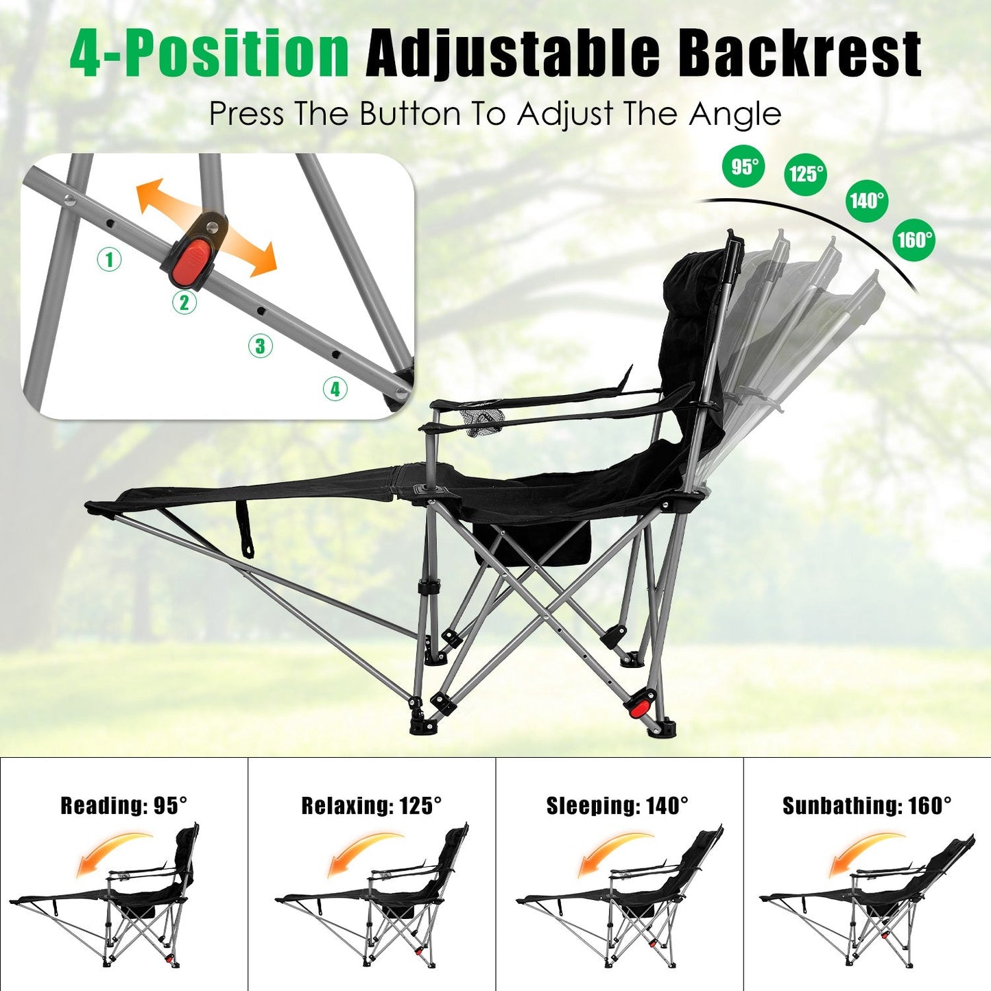 Reclining Camping Chair with Footrest – 4-Position Adjustable