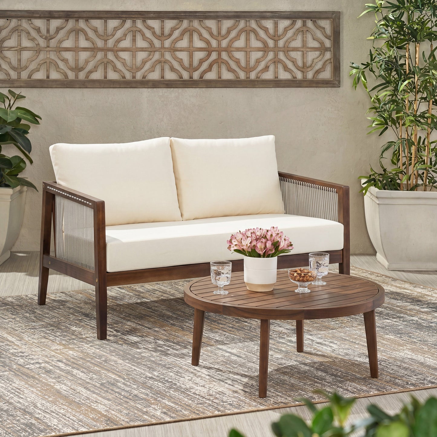 Outdoor Loveseat and Coffee Table Set, Acacia Wood Frame with Rope Detail