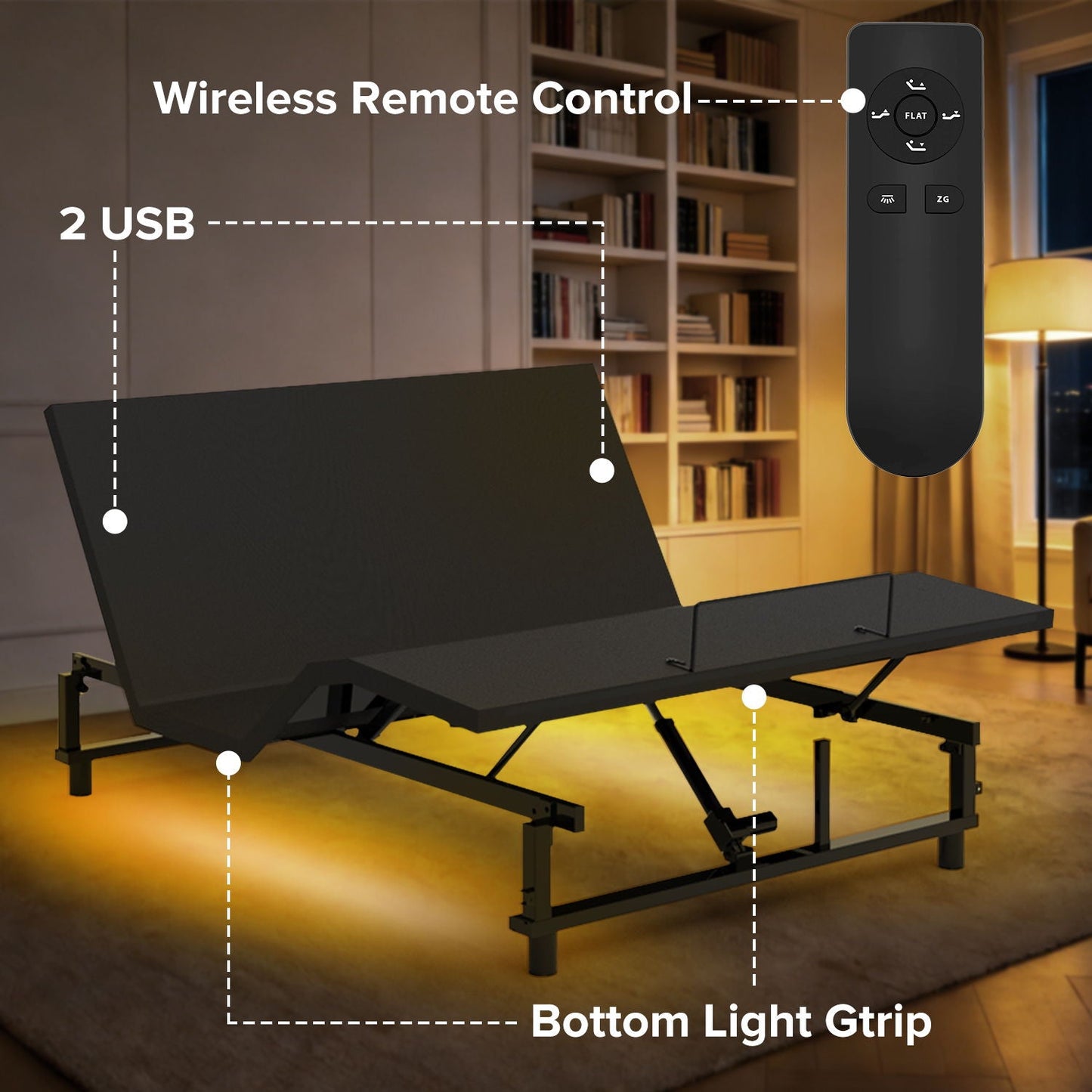 Adjustable Bed Base Frame With Wireless Remote, 4 USB Ports, Under Bed Nightlights, Zero Gravity