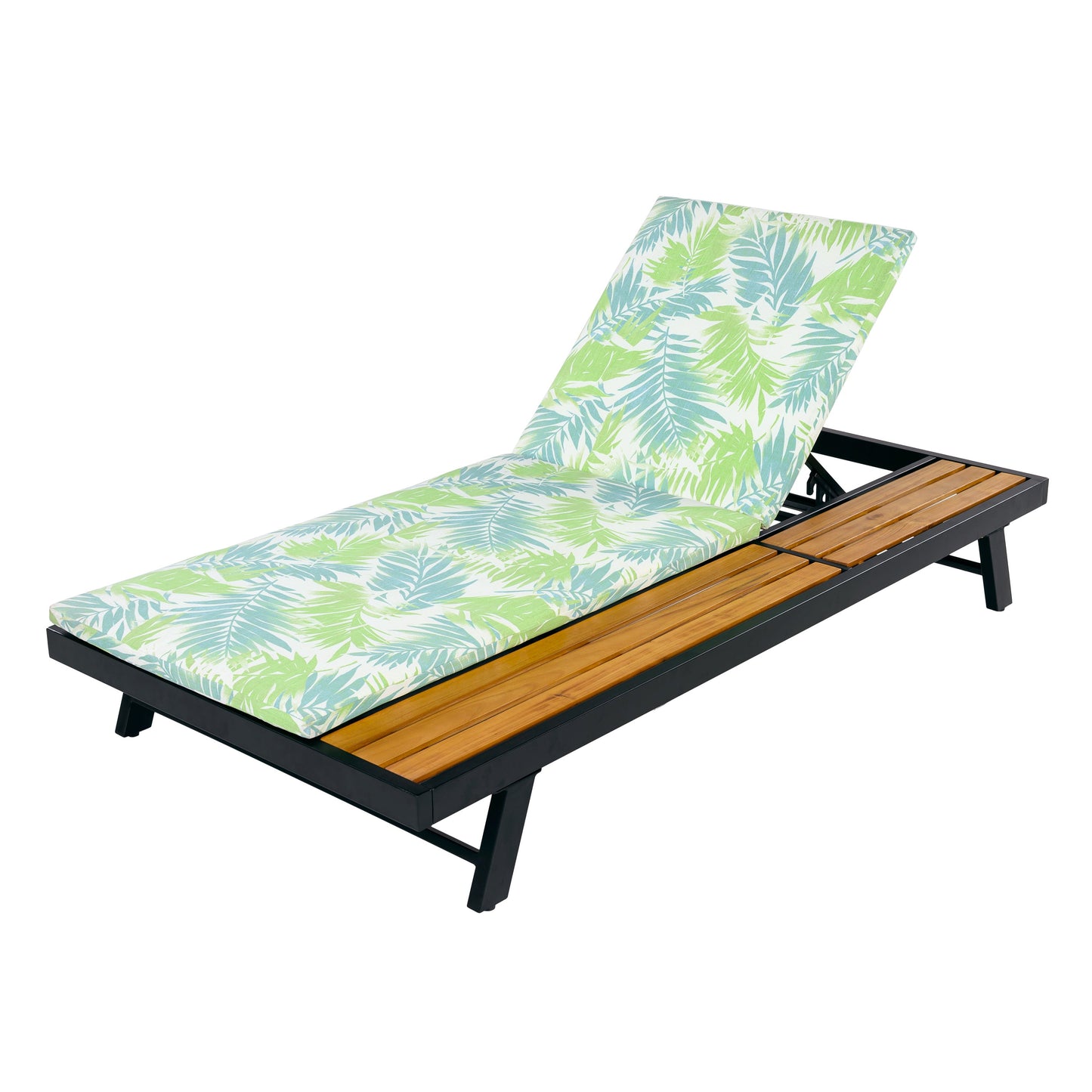 Black Iron + Teak Finish Outdoor Chaise Lounge Set with Leaf Coconut Cushion