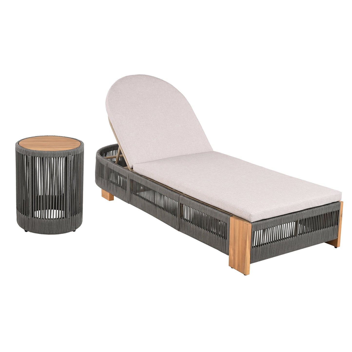 Outdoor Rope Chaise Lounge Set, Patio Lounge Chairs with Teak Look Wood Side Table