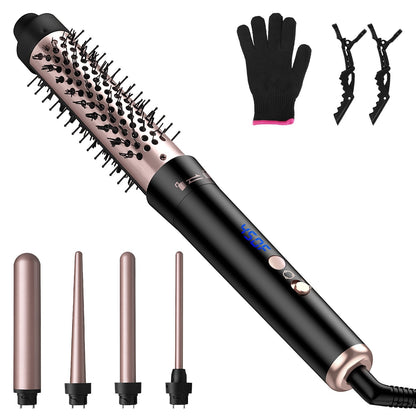 5 in 1 Curling Wand Hair Curling Iron Brush Hair Thermal Brush Curler with 4 Heating Levels 360¡ Rotatable Cable 5 Interchangeable Barrels 2 Clips Lea