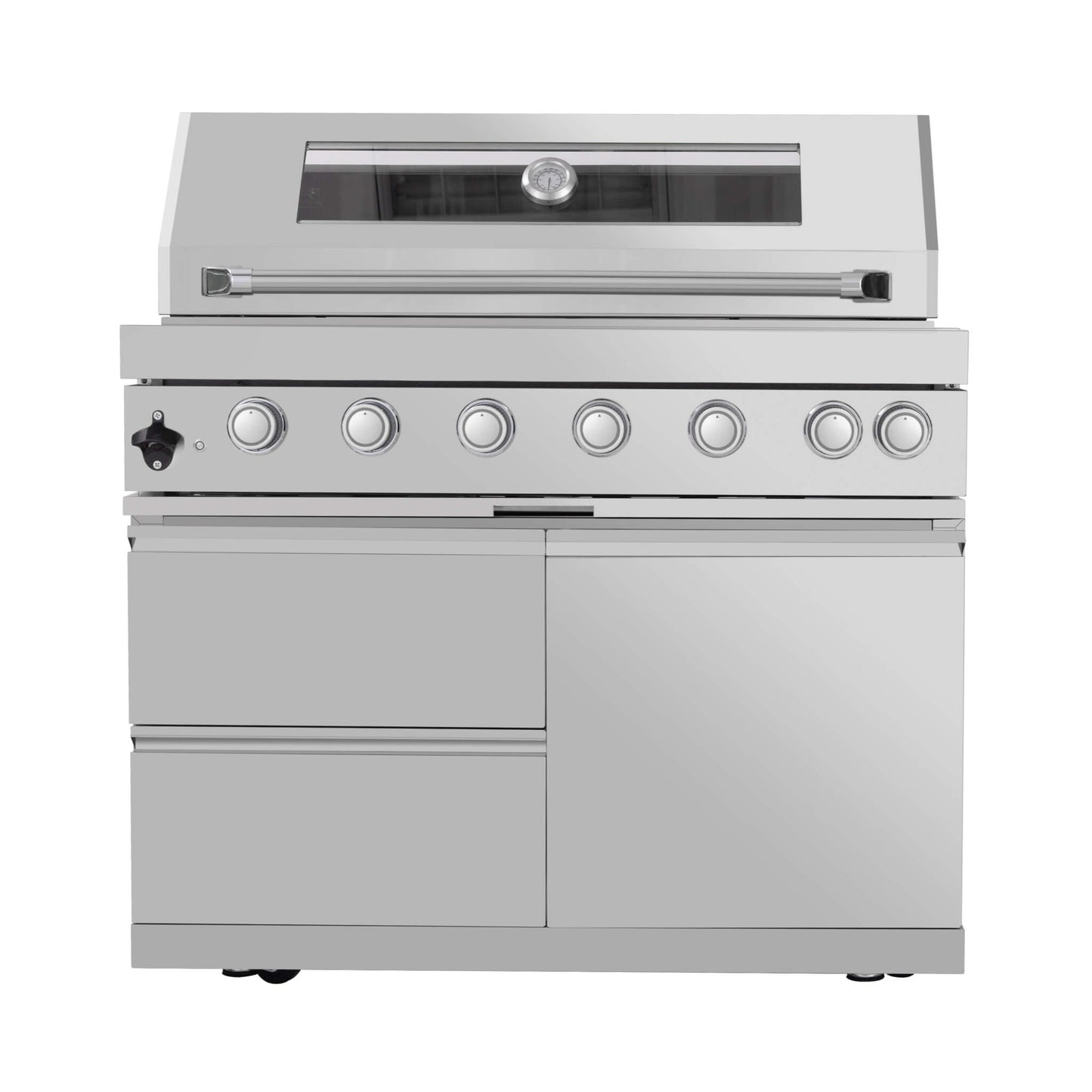 Castelle Flame Astoria 94-Inch 6-Burner 85K BTU Outdoor Kitchen Grill Island With Wine Cooler, Rotisserie, Cabinets, And Granite Countertops (SAK68014)