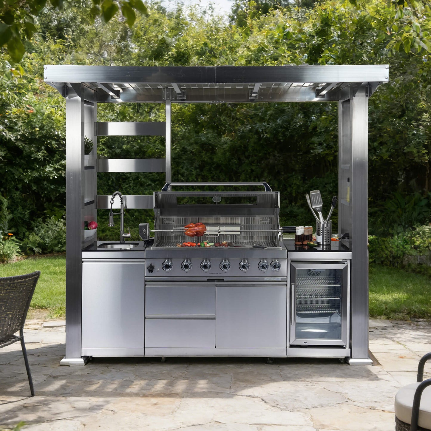 Castelle Flame Astoria 94-Inch 6-Burner 85K BTU Outdoor Kitchen Grill Island With Wine Cooler, Rotisserie, Cabinets, And Granite Countertops (SAK68014)