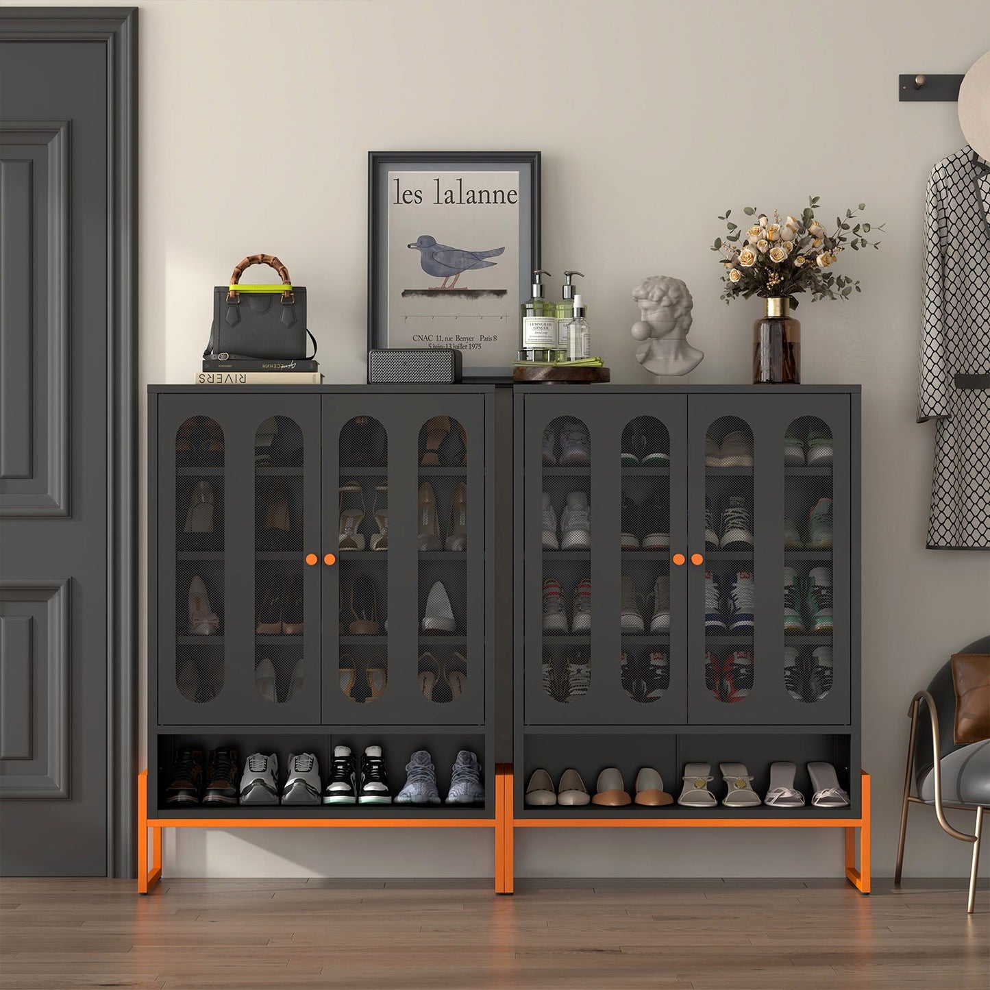 Modern Metal Shoe Cabinet With DoublebSided Doors And Adjustable Partitions