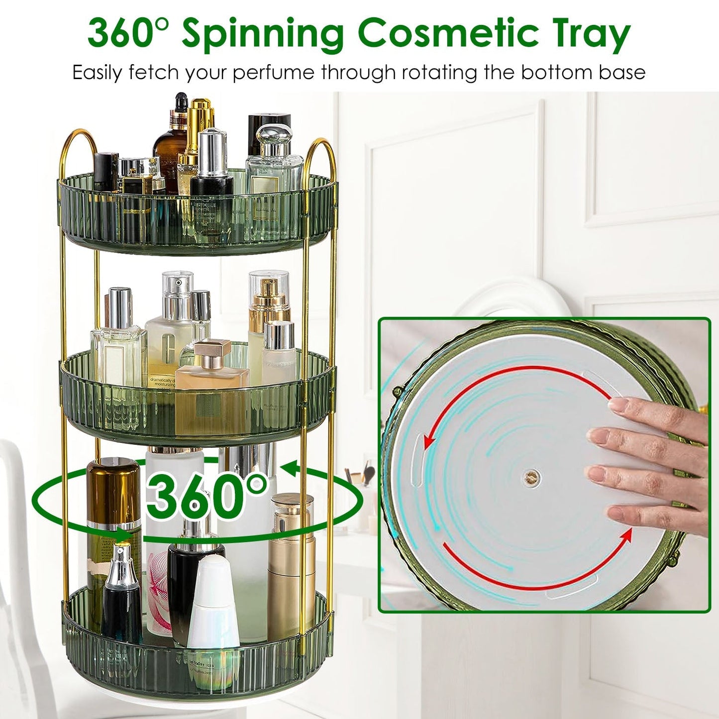 3 Tier Rotating Makeup Organizer 360¡ Spinning Perfume Cosmetic Storage Tray 55LBS Load Countertop Shelves for Lotion Lipstick