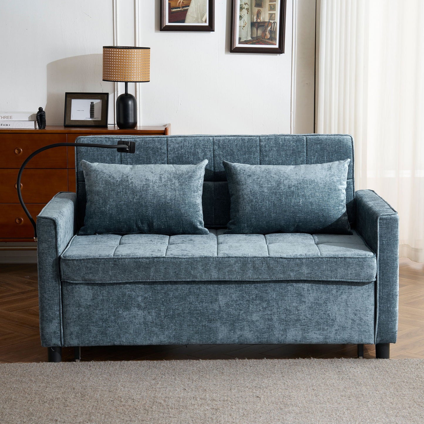Pull-Out Sleeper Sofa With Reversible Backrest Cushion, Side Pockets, 2 USB Ports And A Phone Holder For Living Room