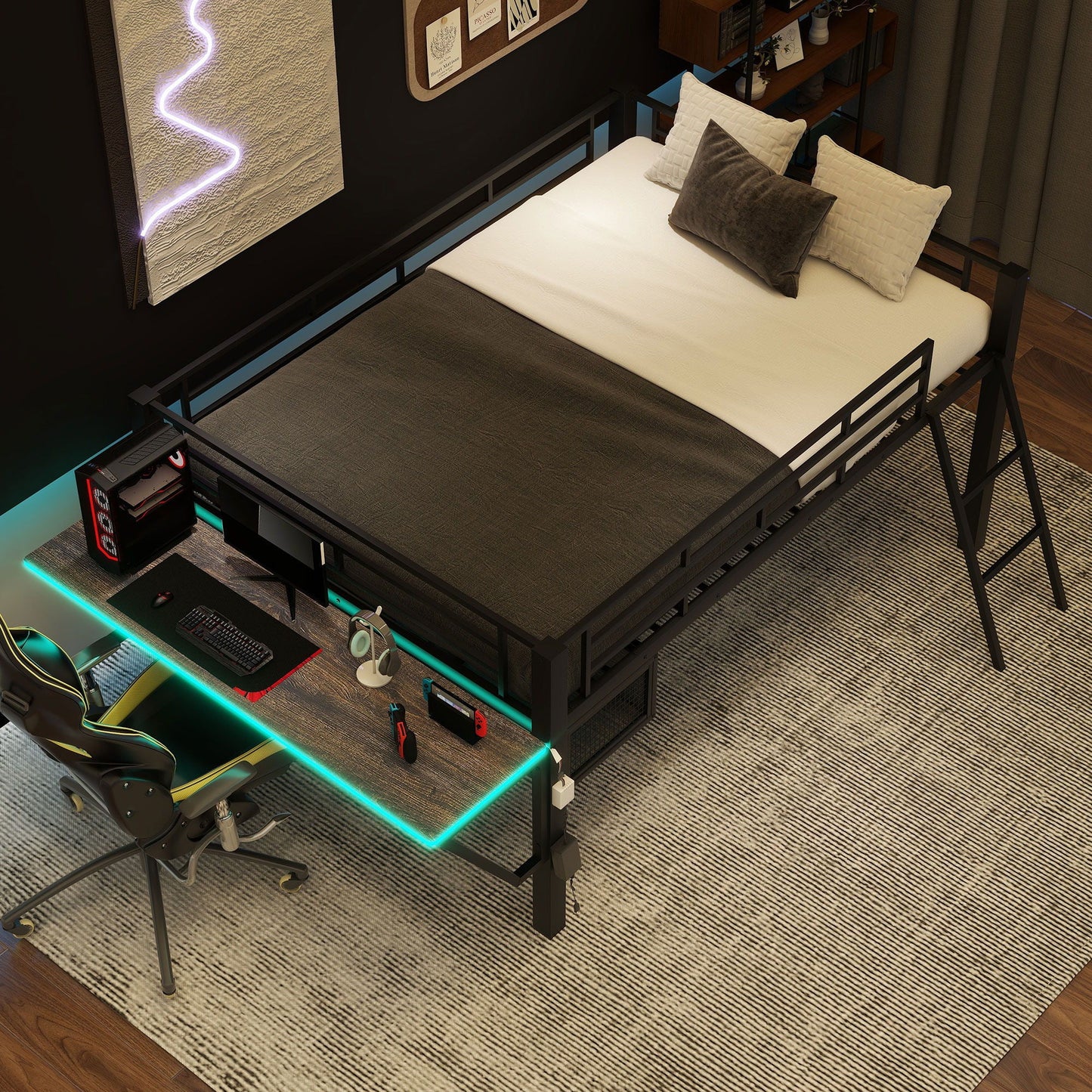 Gaming - Full Size Loft Bed With Desk, LED - Black