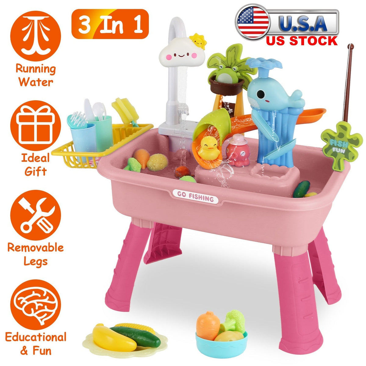 3 In 1 Kitchen Sink Toy with Electric Faucet Water Table Fishing Game Role Play Sink Set Indoor Outdoor for Kids Aged 3+ Years Old
