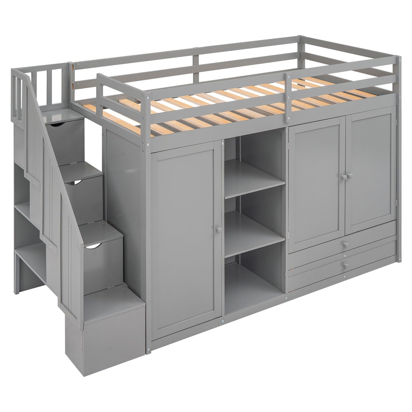 Loft Bed With 3 Shelves, 2 Wardrobes, 2 Drawers, Ladder Storage
