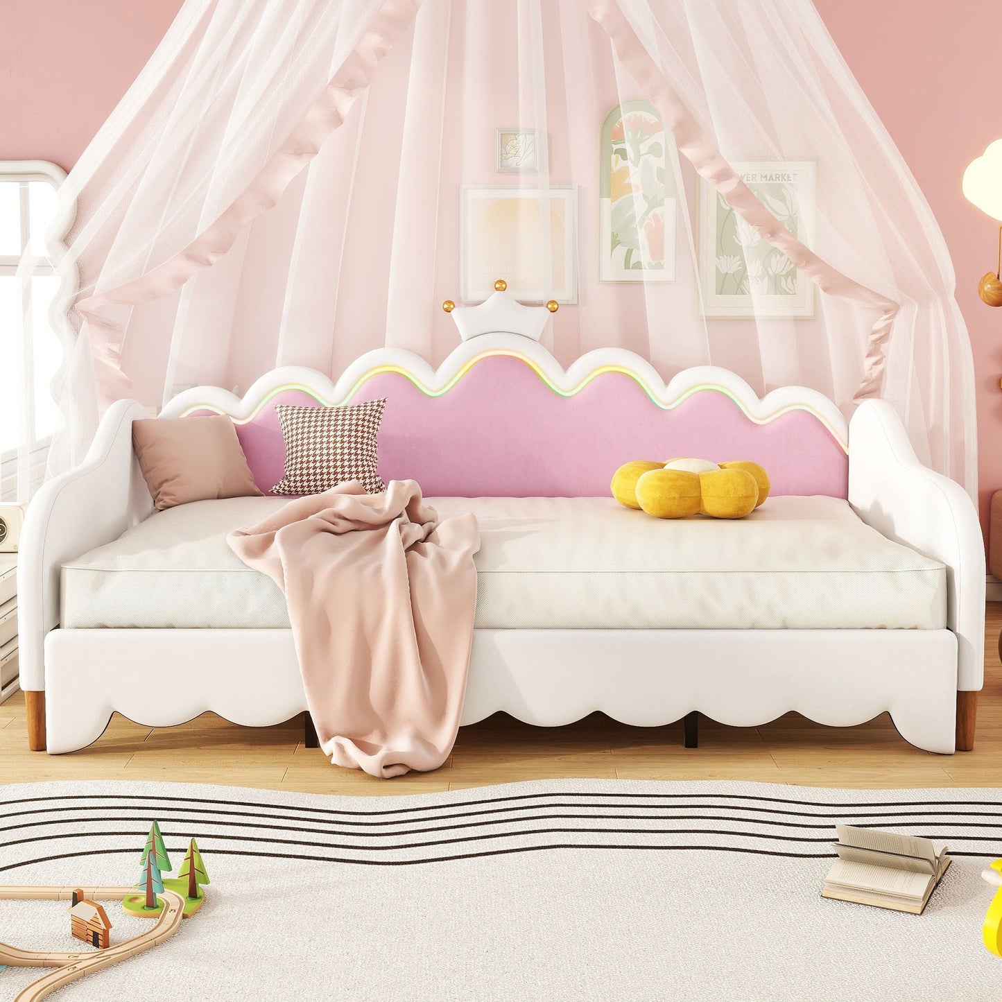 Extending Daybed With LED Lights, Modern Upholstered Princess Daybed With Crown Headboard