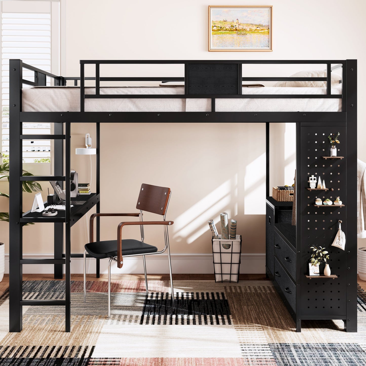 Queen Size Loft Bed with Desk & Shelves
