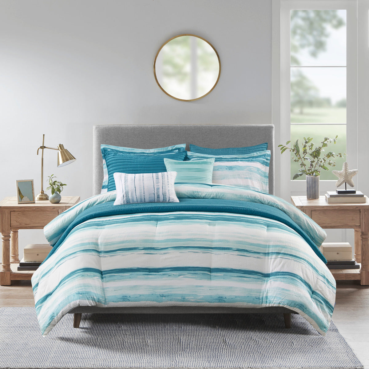 8 Piece Printed Seersucker Comforter and Quilt Set Collection Aqua Full/Queen