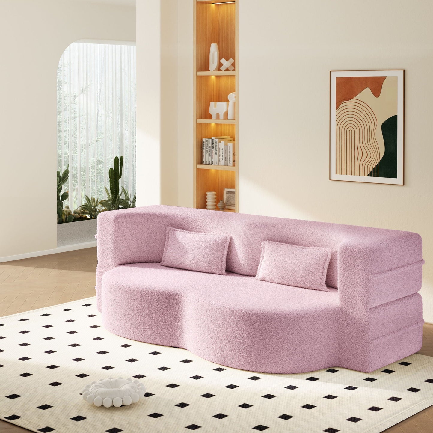 Modern Floor Sleeper Sofa Bed With 2 Pillows, Convertible Twin Size Folding Mattress For Living Room