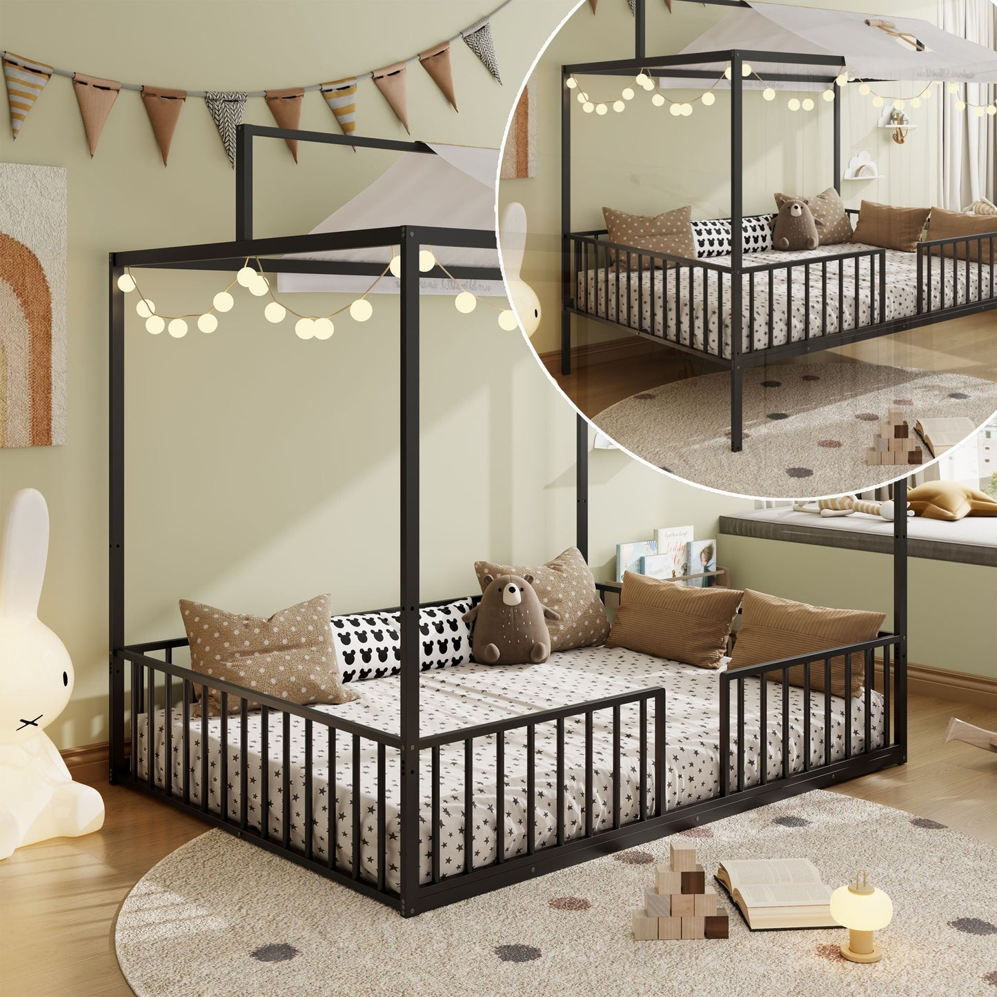 3 In 1 Convertible Montessori Floor Bed With Fenced Support