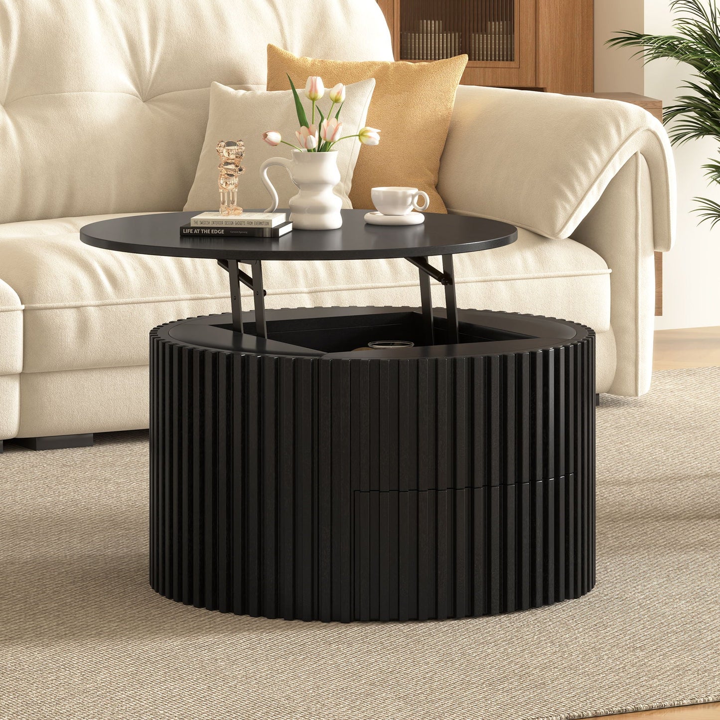 Round Lift Top Coffee Table With Hidden Storage For Living Room