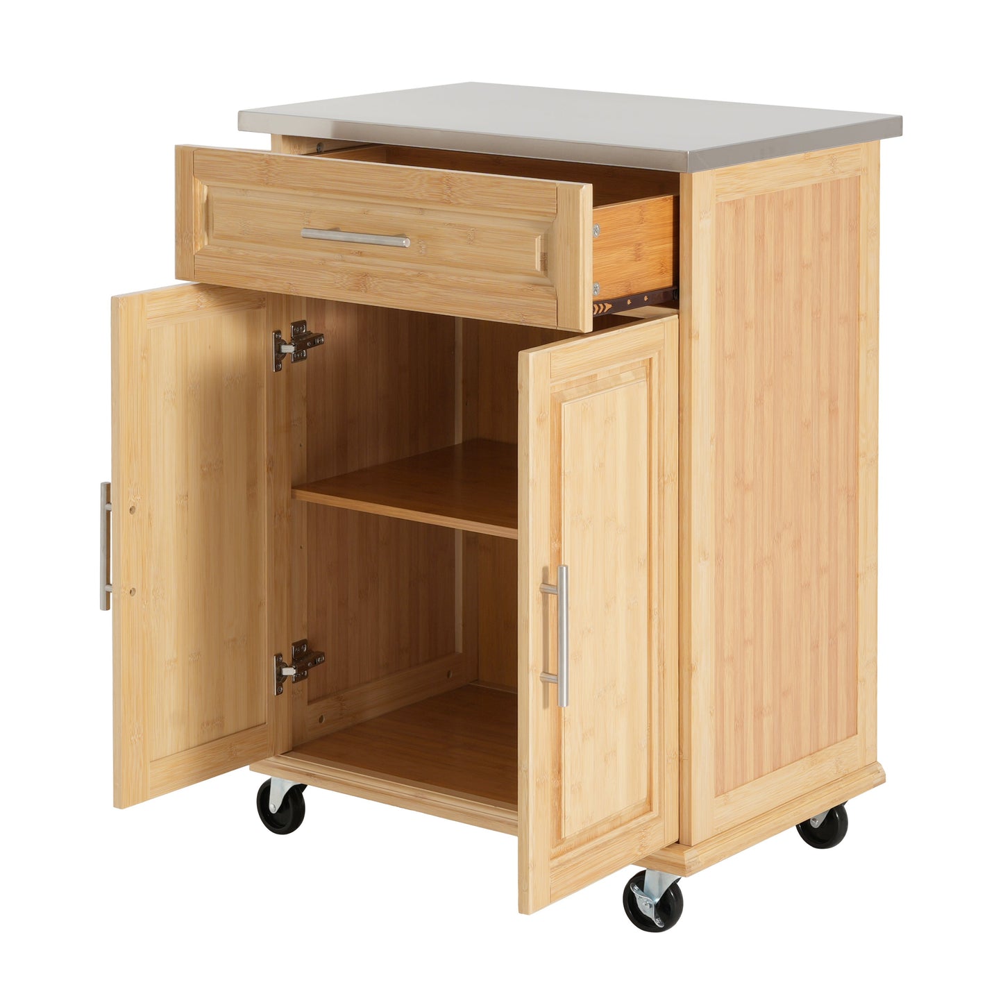 Indoor Compact Bamboo Rolling Kitchen Cart with Stainless Steel Top
