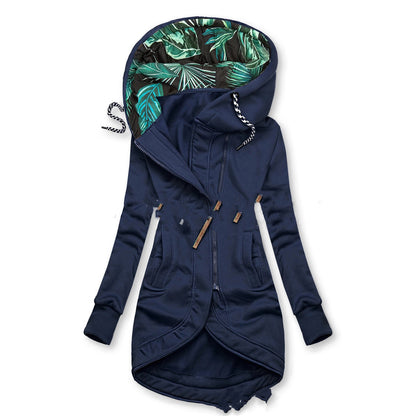 Solid Colour Printed Hooded Long Sleeve Jacket
