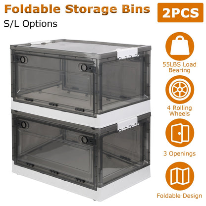 2 Packs Foldable Storage Bins Collapsible Storage Box Organizer Stackable Toy Container with Double Doors Top Lid Rolling Wheels for Clothes Toys Book