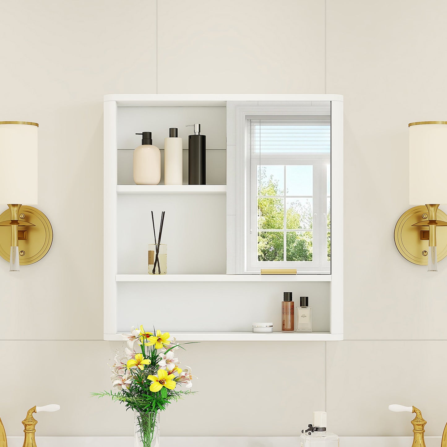Modern Bathroom Mirror Cabinet with Open Shelves