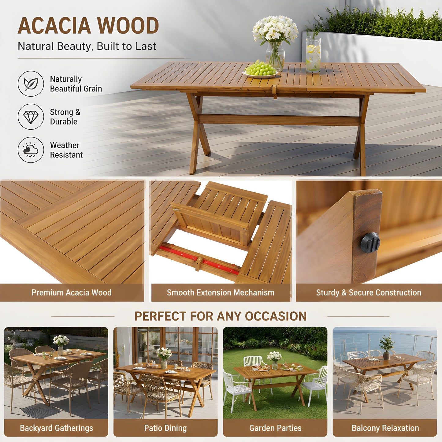 60-76" Acacia Wood Outdoor Dining Table, Telescopic, Teak Finish