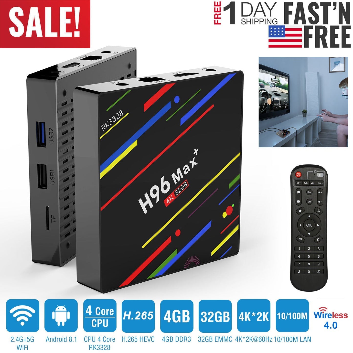 H96 Max+ Android 8.1 TV Box RK3328 Quad Core 4GB / 32GB UHD 4K VP9 H.265 WiFi_x000B__x000B_USB3.0 Smart Streaming Media Player US Plug