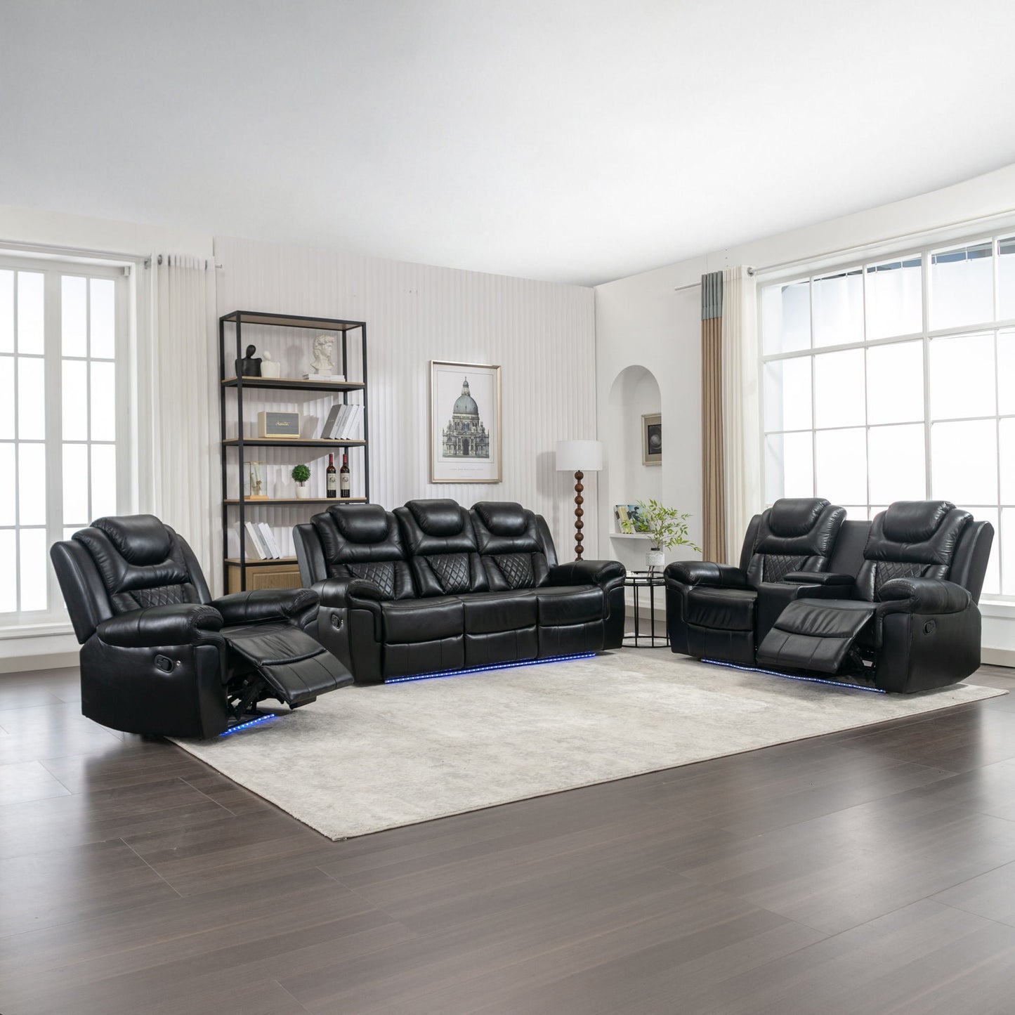 3 Pieces Recliner Sofa Sets Home Theater Seating Manual Recliner Chair With Center Console And LED Light Strip For Living Room