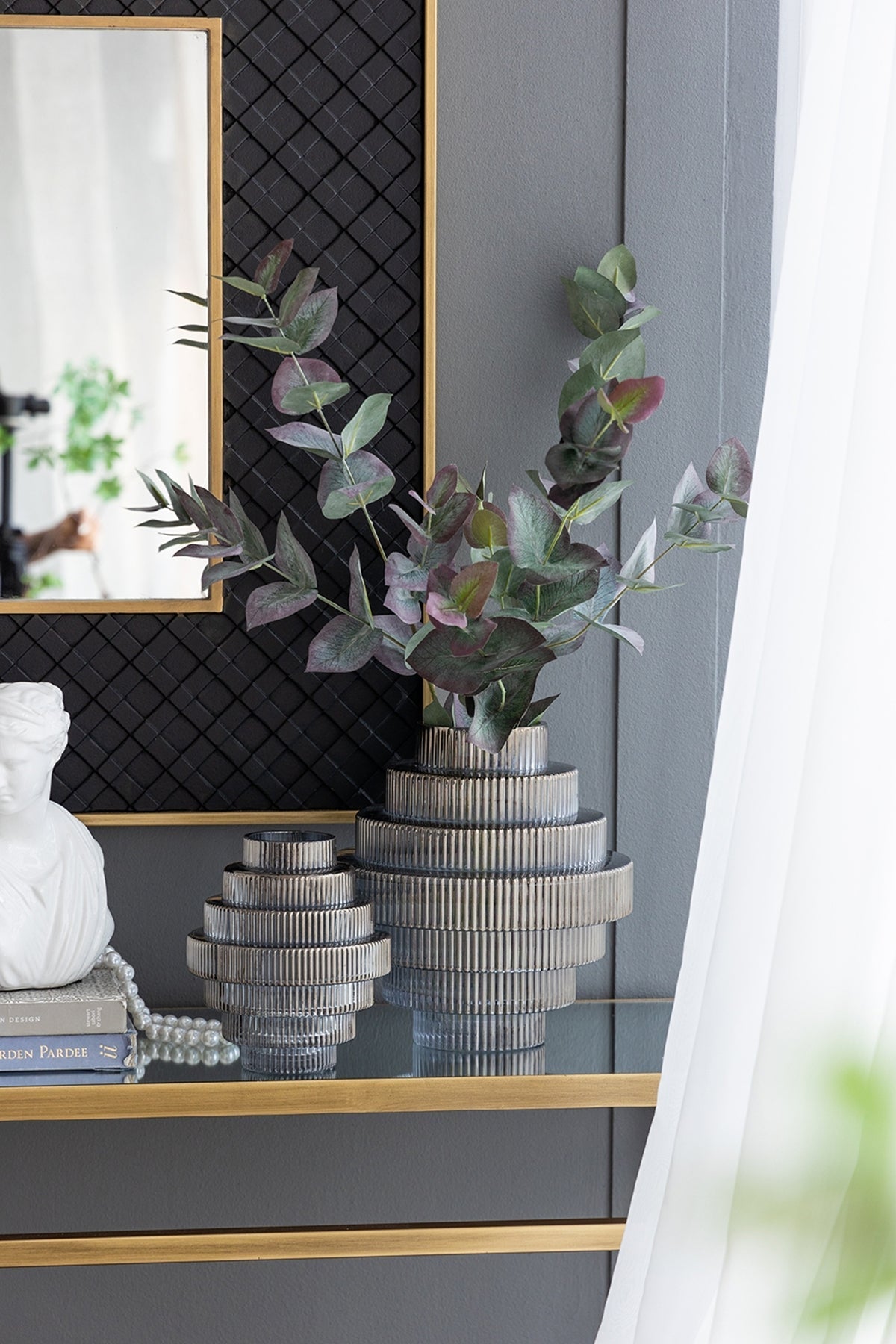 Multi-Tiered Geometric Vase with Smoked Blue Finish, Set of 2