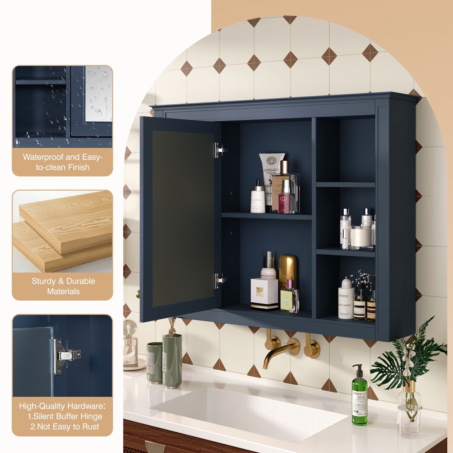 Wall Mounted Medicine Cabinet With Mirror, Storage Cabinet Featuring 6 Open Shelves And Adjustable Interior