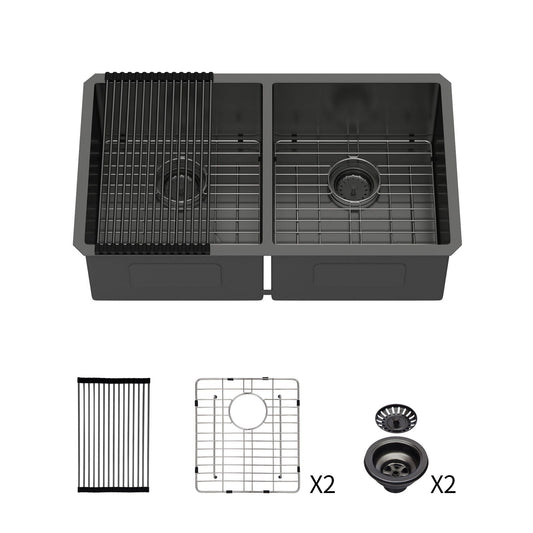 Double Bowl Undermount Kitchen Sink 16 Gauge 33" x 19" with Dual 10" Deep Basins - Gunmetal Black