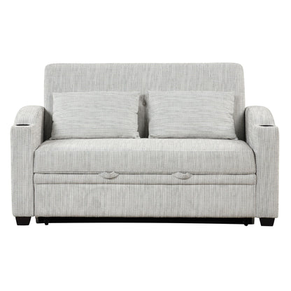 Pull Out Loveseat Sofa With Adjsutable Backrest, 2 Pillows, Cup Holders, USB Ports For Living Room
