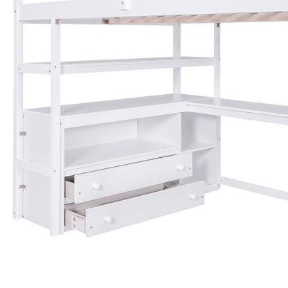 Loft Bed With Desk, Shelves, 2 Drawers, Storage Staircase