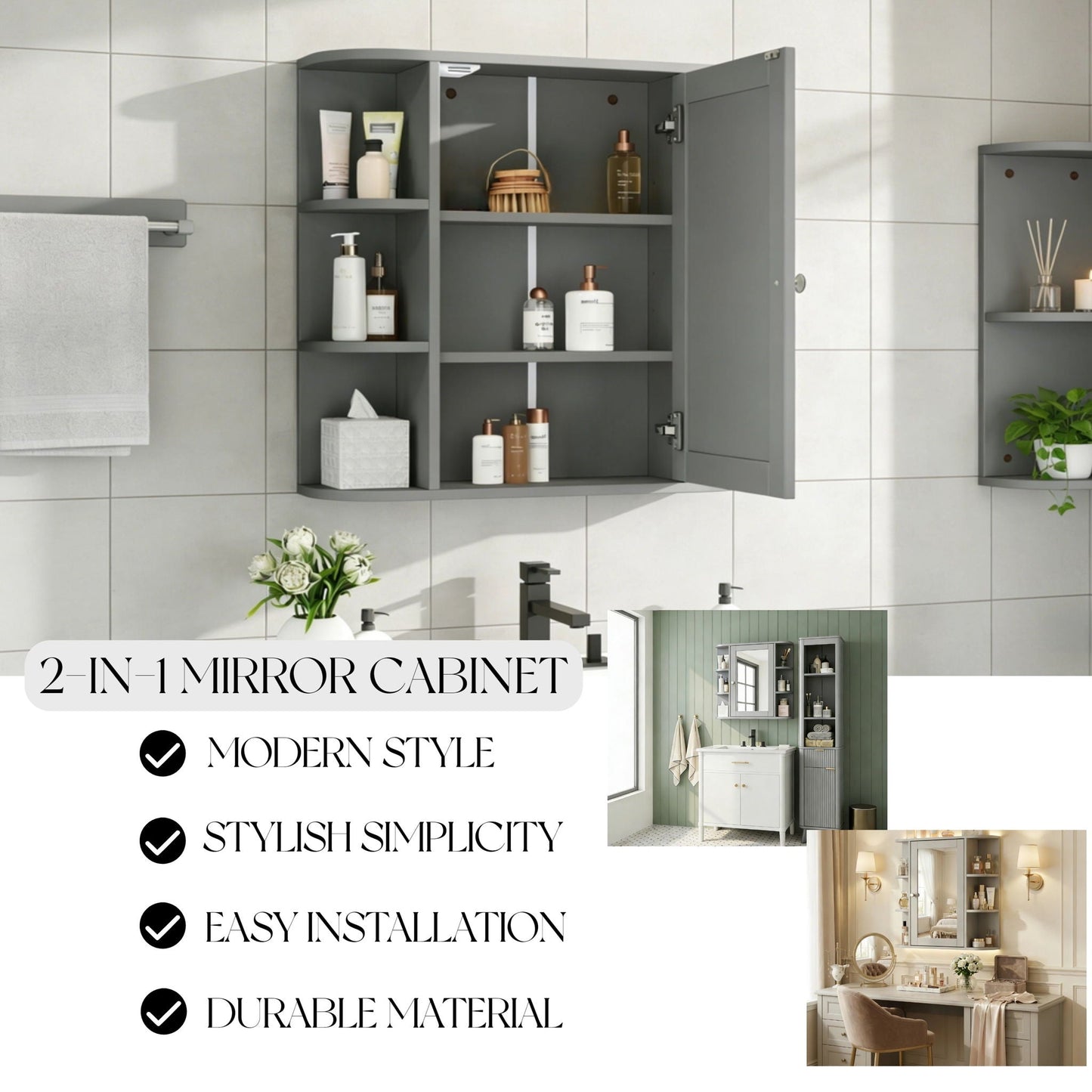Bathroom Wall Storage Cabinet With Mirror And Adjustable Shelf, 6 Open Shelves