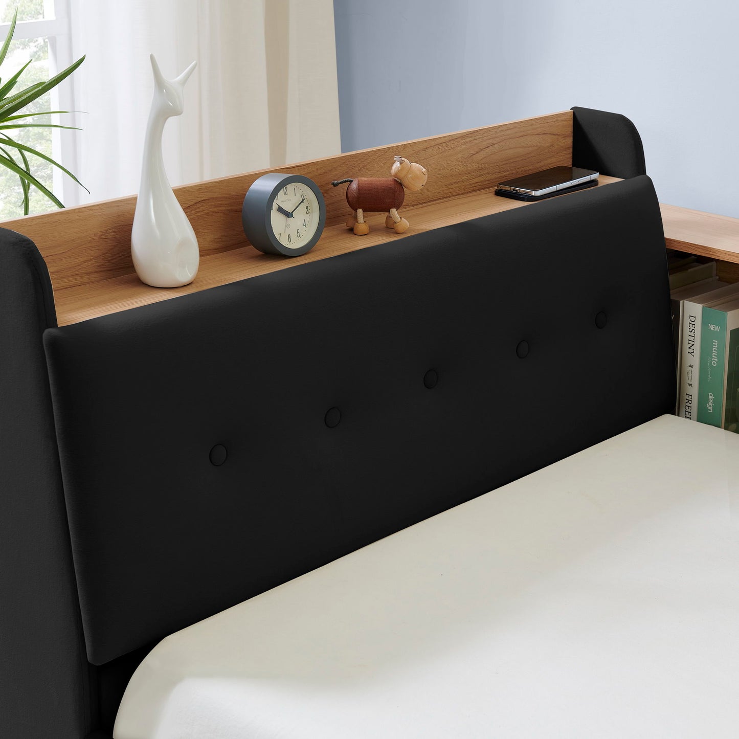 Upholstered Daybed With Storage Headboard, Wireless Charging, LED Lights
