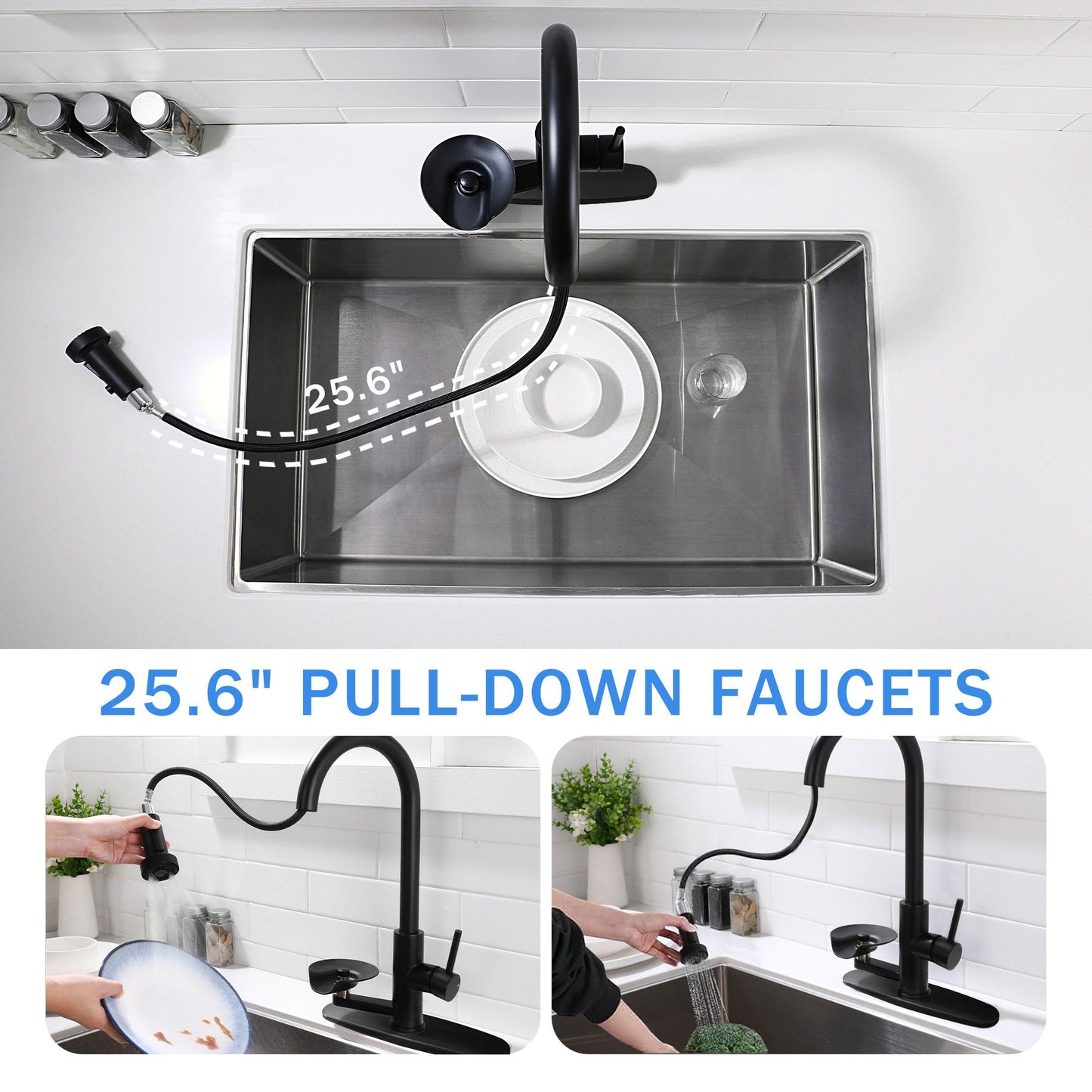3 In 1 Kitchen Faucet With Press Type Glass Rinser, High Arc Pull Down Sprayer