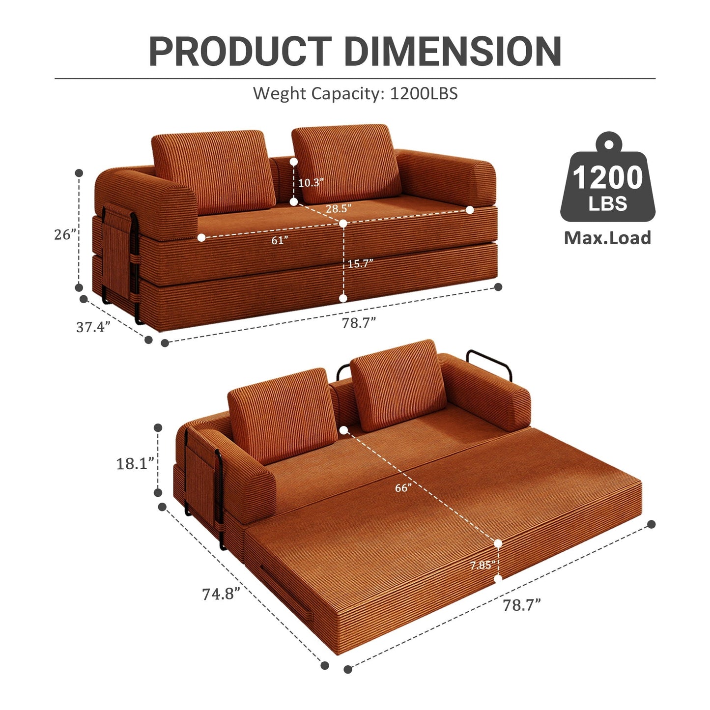 Convertible Sleeper Sofa Bed With Cylindrical Pillow