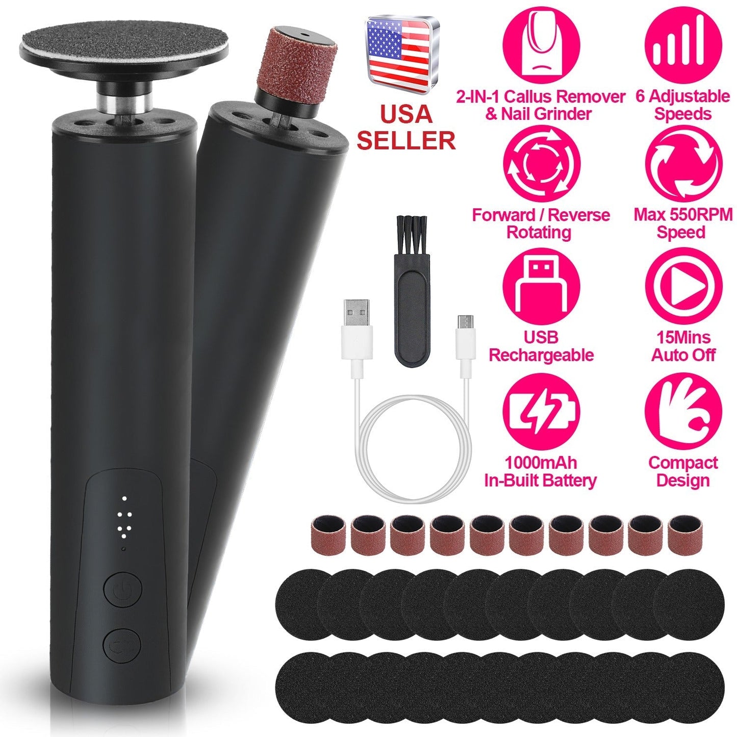 Electric Foot Callus Remover 2 in 1 Rechargeable Foot File Nail Grinder Dead Skin Pedicure Tool Machine with 2 Grinding Heads Total 30Pcs Replaceable