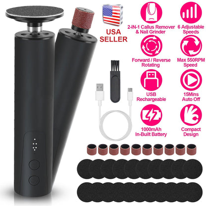 Electric Foot Callus Remover 2 in 1 Rechargeable Foot File Nail Grinder Dead Skin Pedicure Tool Machine with 2 Grinding Heads Total 30Pcs Replaceable