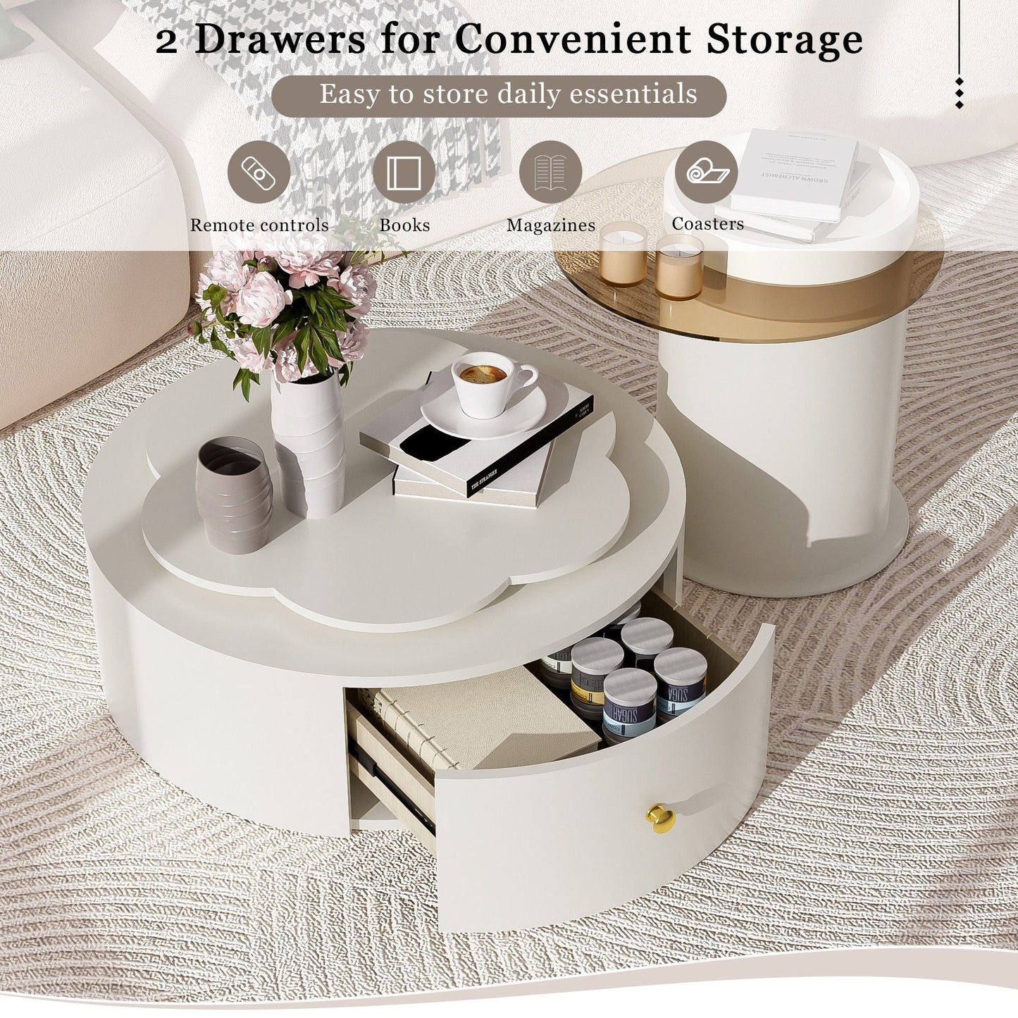 Modern Round Coffee Table (Set of 2), 360 Degree Rotatable Flower Shaped Top With 2 Drawers, Top Circle Side Table End Table With Glass For Living Room - Off White