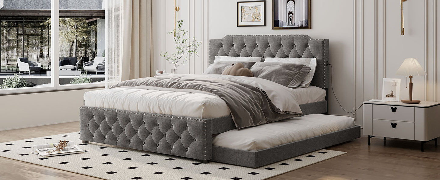 Upholstered Platform Bed With Trundle And 2 Sets Of USB Ports On Each Side, Fabric