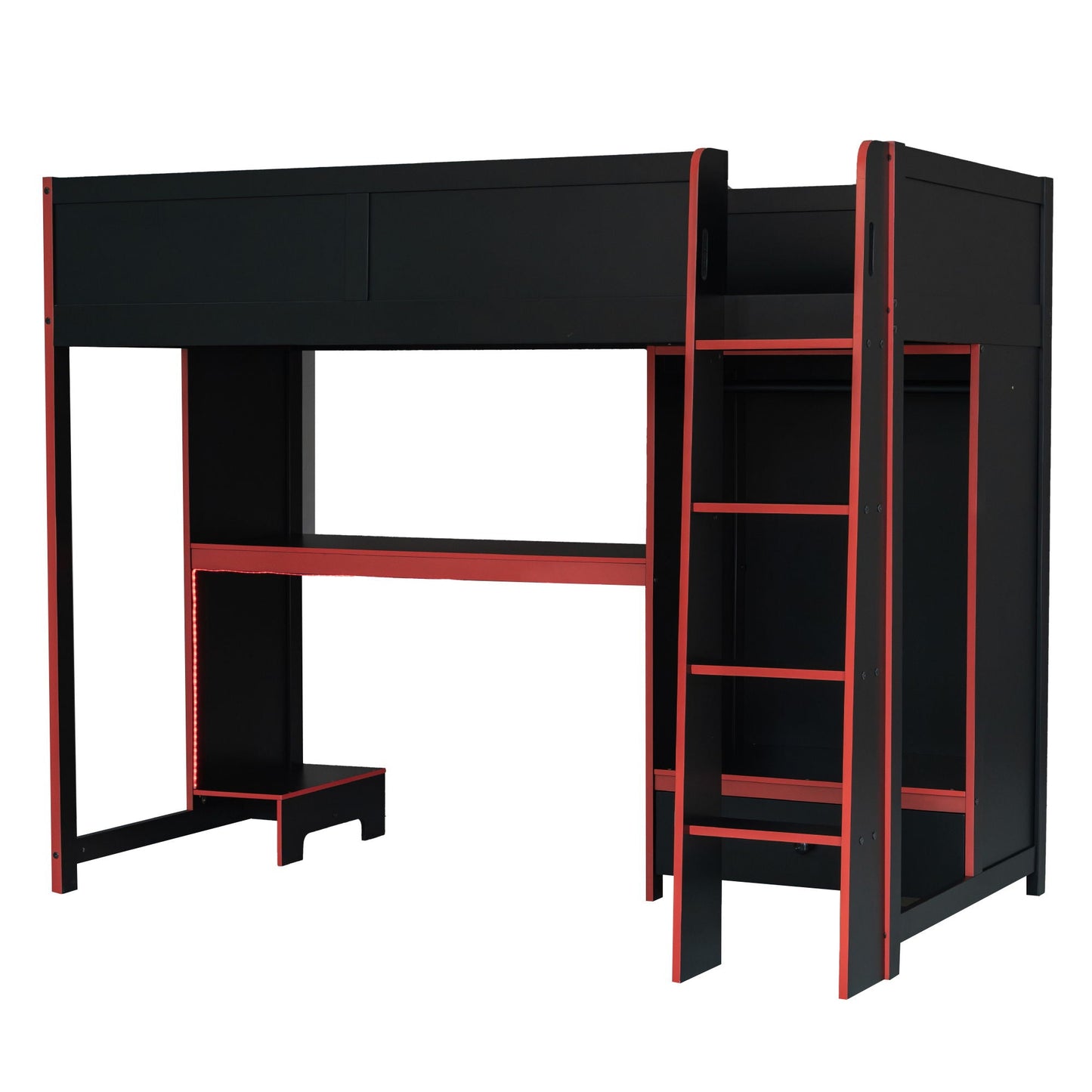 Gaming Loft Bed With Built In Desk, Wardrobe, LED Lighting And Drawer