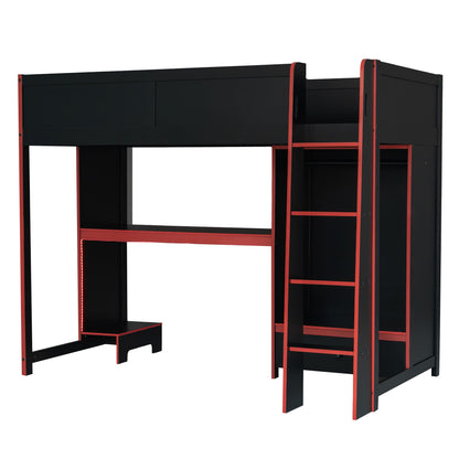 Gaming Loft Bed With Built In Desk, Wardrobe, LED Lighting And Drawer
