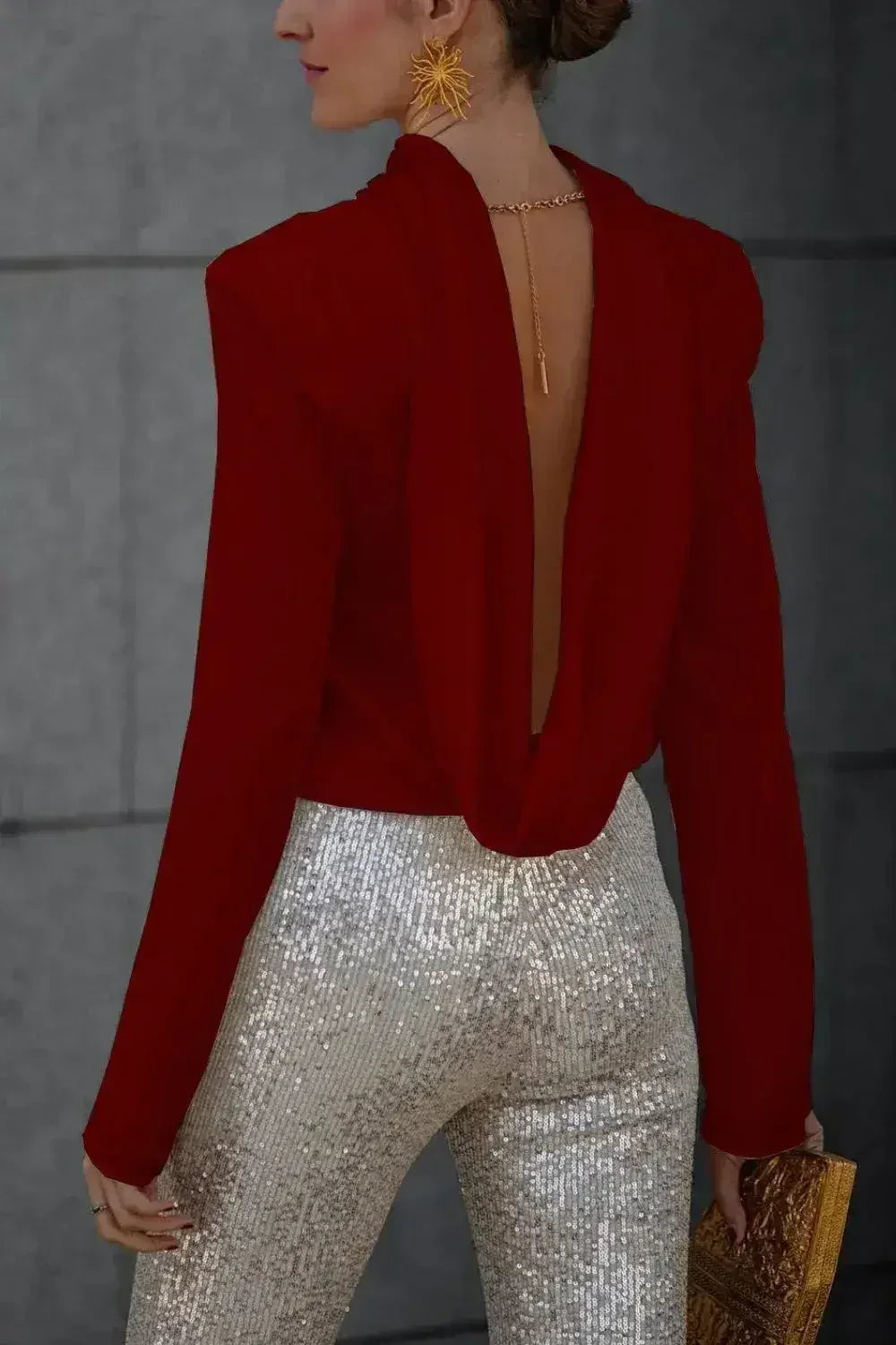 Backless Cowl Neck Long Sleeve Blouse – Elegant & Stylish | Femstylo